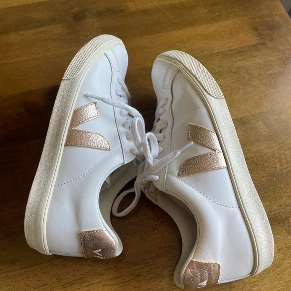 Women's Veja Esplar White and Gold Sneakers - Picture 6 of 9